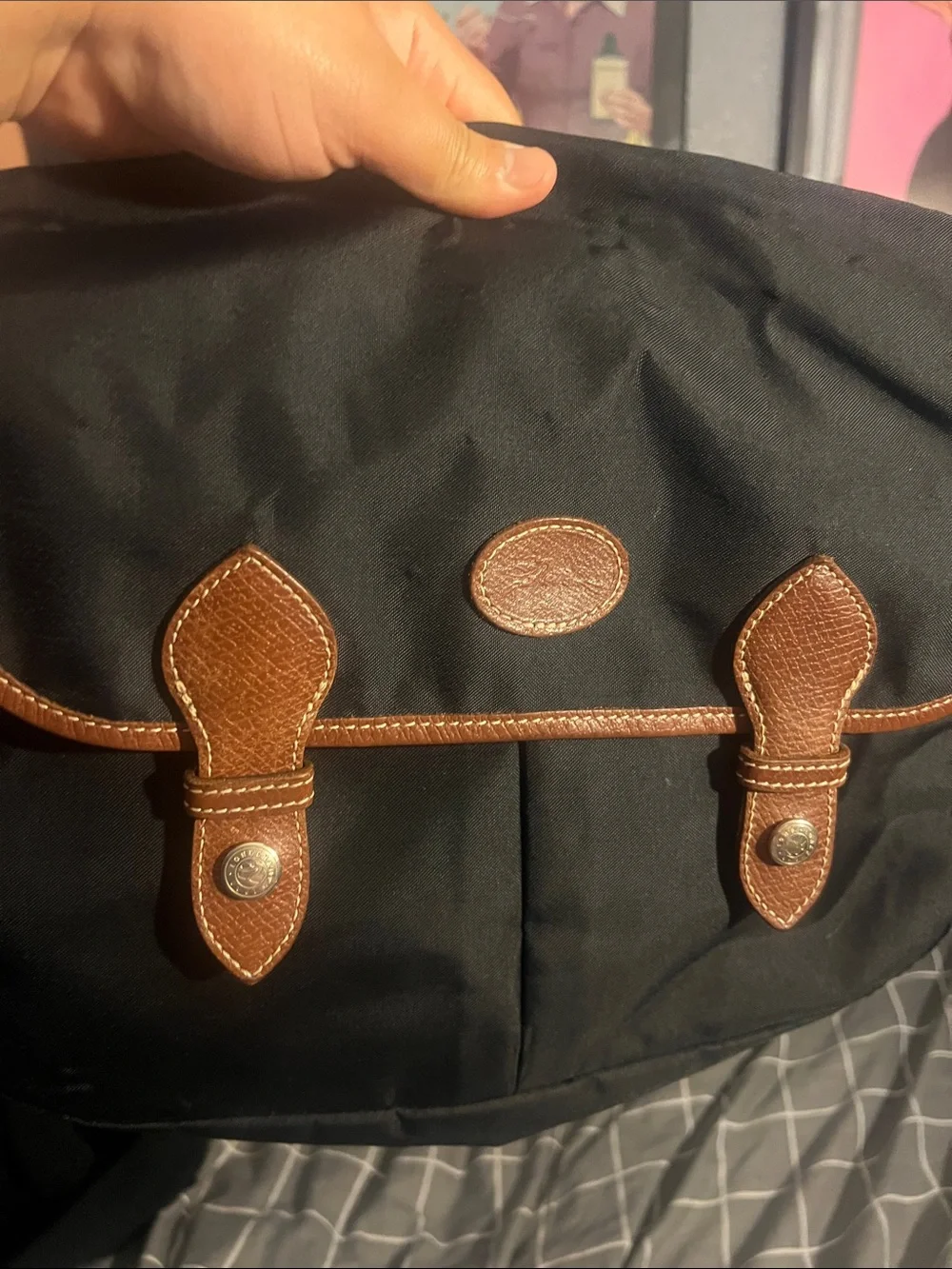 Longchamp Black Messenger Bag with Tan Trim